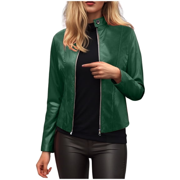 GEWSEY Womens Faux Leather Long Sleeve Jackets Quilted Moto Outwear Slim Lapel Coats (Green, L)