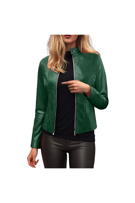 Womens Faux Leather Long Sleeve Jackets Quilted Moto Outwear Slim Lapel Coats (Green, XXL)