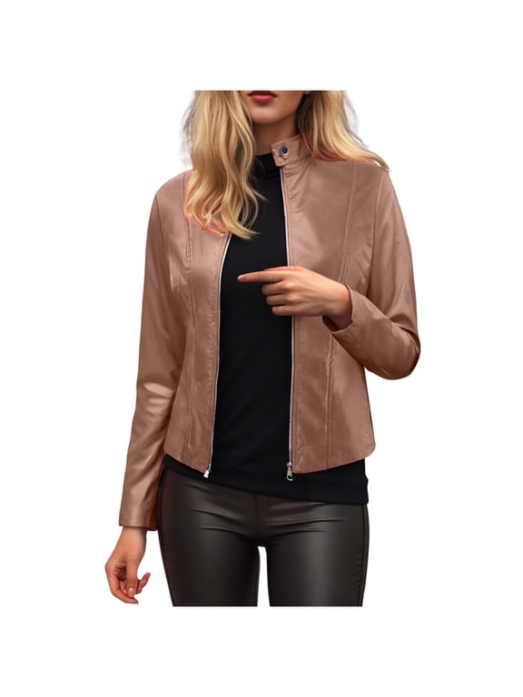Womens Faux Leather Long Sleeve Jackets Quilted Moto Outwear Slim Lapel Coats (Khaki, XL)