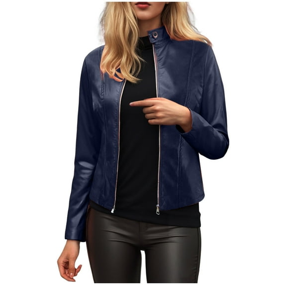 GEWSEY Womens Faux Leather Long Sleeve Jackets Quilted Moto Outwear Slim Lapel Coats (Navy, S)
