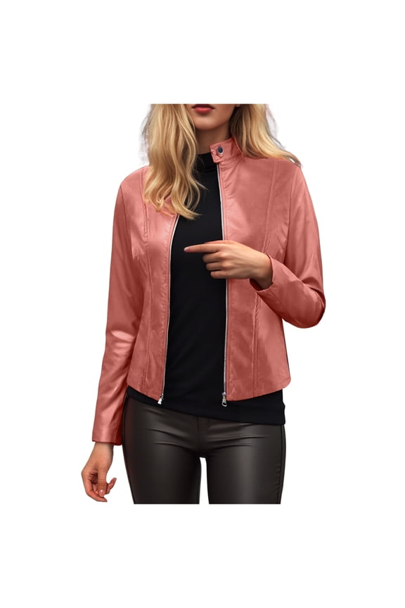 Womens Faux Leather Long Sleeve Jackets Quilted Moto Outwear Slim Lapel Coats (Pink, XXL)