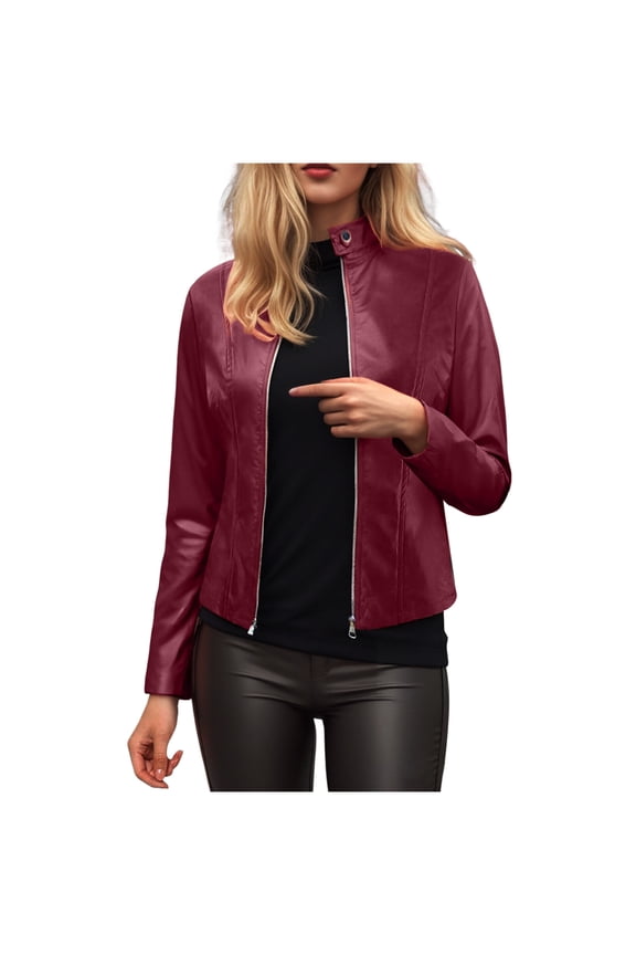 Womens Faux Leather Long Sleeve Jackets Quilted Moto Outwear Slim Lapel Coats (Wine, L)