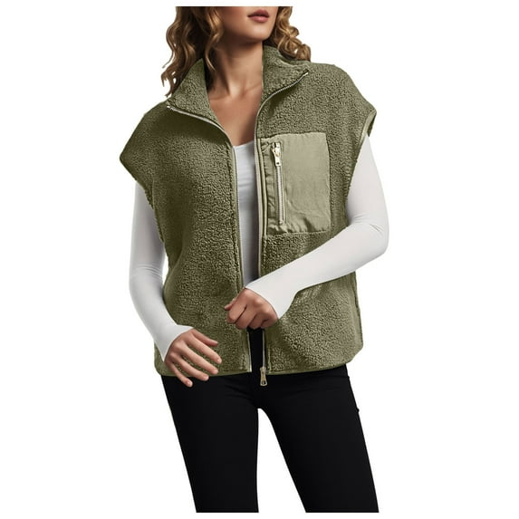 GEWSEY Womens Fleece Jacket Vest Sleeveless Fuzzy Sherpa Jackets Zip Up Oversized Casual Coats Fall Winter Womens Tops 2025 (Green, L)