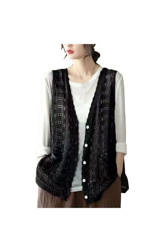 Womens Floral Crochet Lace Boho Trim Sleeveless Open Front Vest Cardigan (Black, One Size)