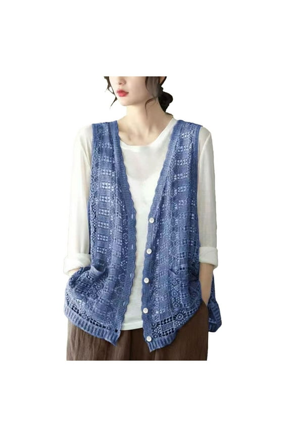 Womens Floral Crochet Lace Boho Trim Sleeveless Open Front Vest Cardigan (Blue, One Size)