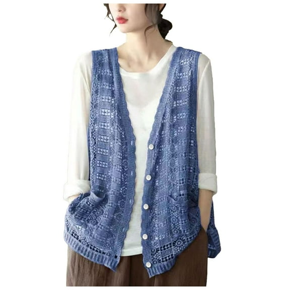 GEWSEY Womens Floral Crochet Lace Boho Trim Sleeveless Open Front Vest Cardigan (Blue, One Size)
