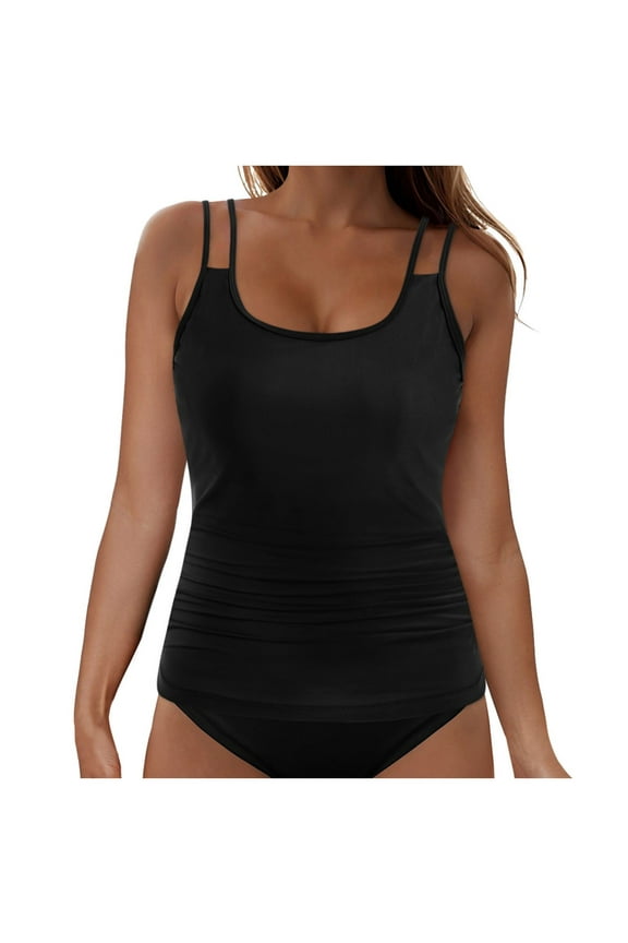 Womens Flowy Tummy Control Tankini Tops Only - Modest Bathing Suit Loose Fit Swimsuit Swim Tops No Bottom 2025 (Black, XXL)