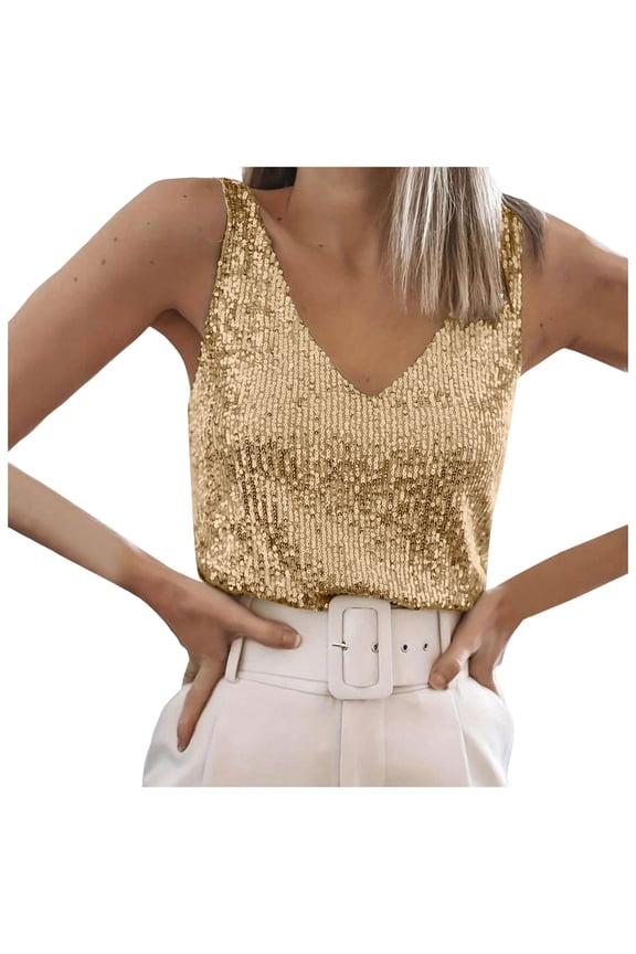 Womens Full Sequin Tank Tops Glitter Club Party Sleeveless Shirt Sparkle Blouses V-Neck Loose Shimmer Vests (Gold, L)