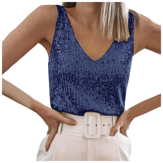 GEWSEY Womens Full Sequin Tank Tops Glitter Club Party Sleeveless Shirt Sparkle Blouses V-Neck Loose Shimmer Vests (Navy, XL)