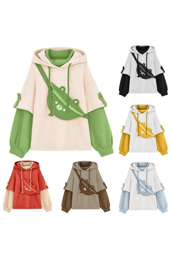 Womens Girls Brown Bear Hoodie Long Sleeve Sweatshirts Cute Pattern Print Kawaii Patchwork Shirts (Yellow, L)