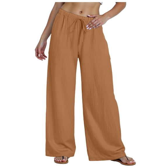 GEWSEY Womens Harem Pants Summer Casual Cotton Elastic Waist Palazzo Baggy Pants Wide Leg Sweatpants with Pockets (Brown, M)