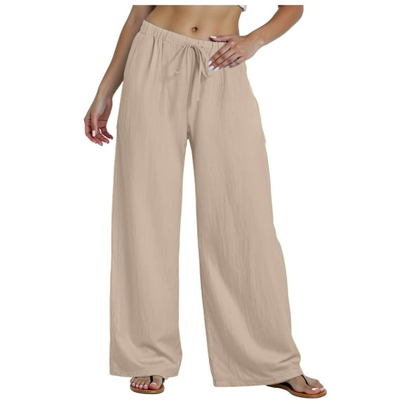 GEWSEY Womens Harem Pants Summer Casual Cotton Elastic Waist Palazzo Baggy Pants Wide Leg Sweatpants with Pockets (Khaki, M)