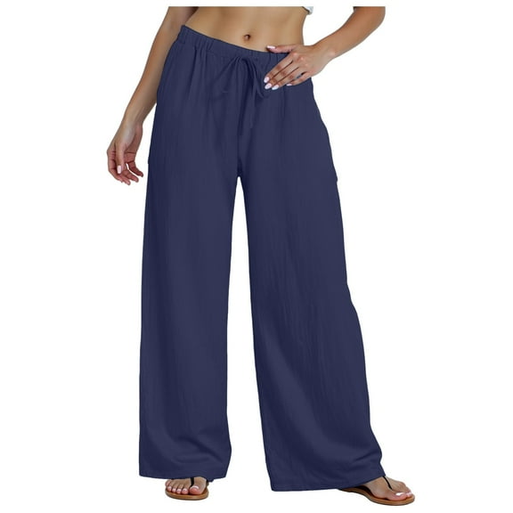 GEWSEY Womens Harem Pants Summer Casual Cotton Elastic Waist Palazzo Baggy Pants Wide Leg Sweatpants with Pockets (Navy, S)