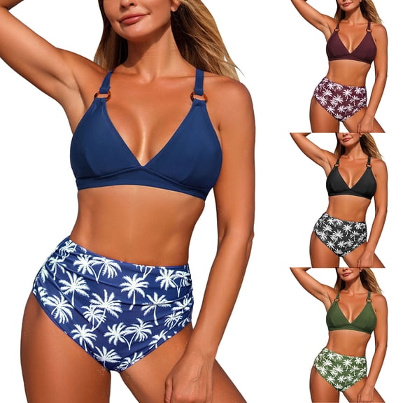 GEWSEY Womens High Waisted Bikini Set Tummy Control Bathing Suit Modest Embroidered Flowers Two Piece Swimsuit (Navy, XL)