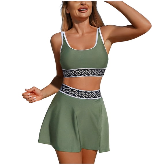 GEWSEY Womens High Waisted Bikini Sets Two Piece Tummy Control Swim Skirt Color Block Skirted Swimsuit 2026 (Army Green, M)