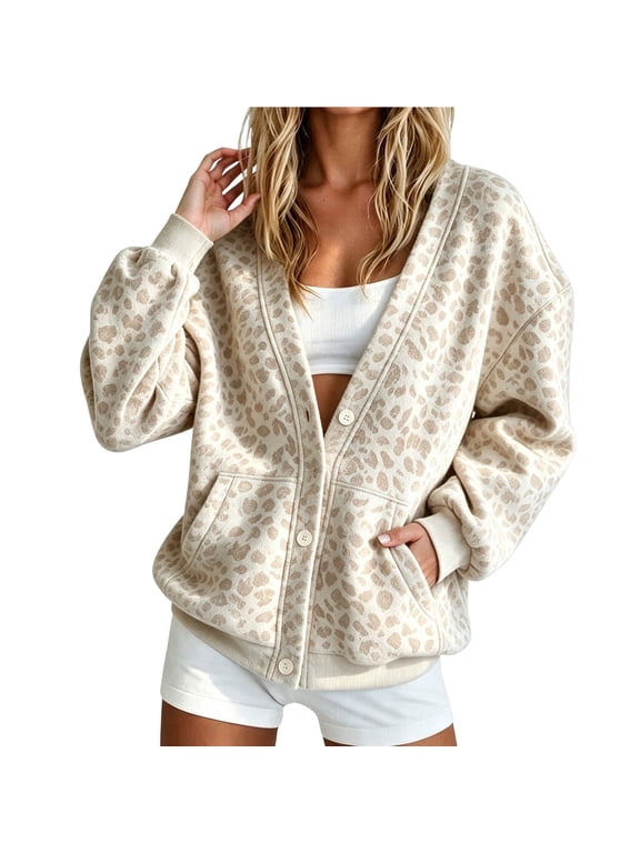 Womens Leopard Cardigan Cropped Button Up Sweater | Loose Fit Long Sleeve, Open Front Cheetah Print, Comfy Crew Neck Fall Winter Knit Cardigan Jackets (Beige, M)