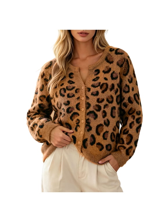 Womens Leopard Print Cardigan Casual Cheetah Open Front Button Down Long Sleeve Crop Sweater Fall Clothes Knitwear (Brown, XL)