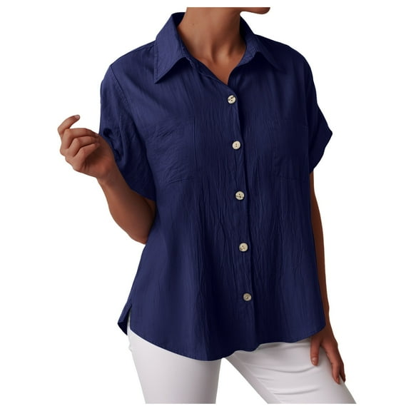 GEWSEY Womens Linen Button Down Shirts Short Sleeve Oversized Boyfriend Solid Tunic Tops Casual Dressy Tunics (Blue, XL)