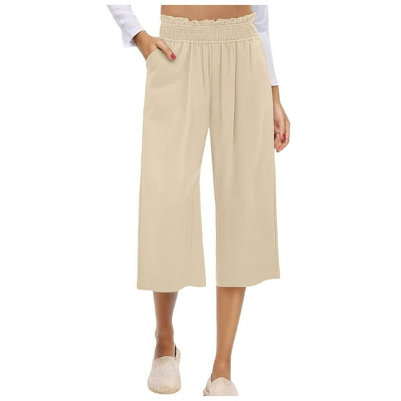 GEWSEY Womens Linen Palazzo Capri Pants Boho Summer Smocked High Waist Pull On Wide Leg Casual Loose Trousers with Pockets Flowy Pants (Beige, L)