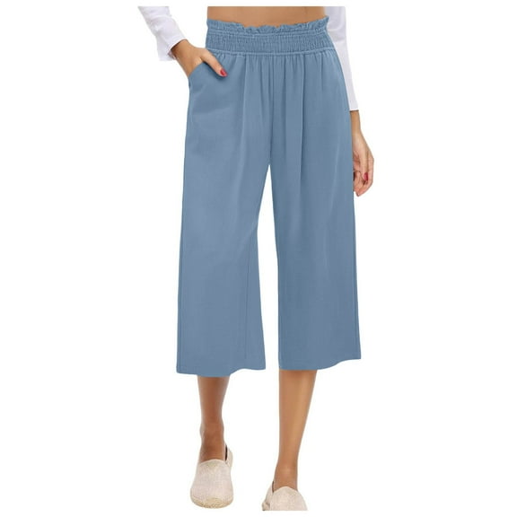 GEWSEY Womens Linen Palazzo Capri Pants Boho Summer Smocked High Waist Pull On Wide Leg Casual Loose Trousers with Pockets Flowy Pants (Blue, XXL)