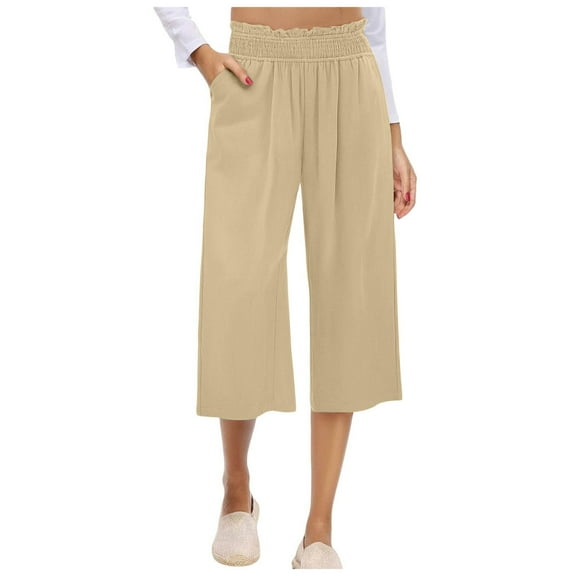 GEWSEY Womens Linen Palazzo Capri Pants Boho Summer Smocked High Waist Pull On Wide Leg Casual Loose Trousers with Pockets Flowy Pants (Khaki, XXL)