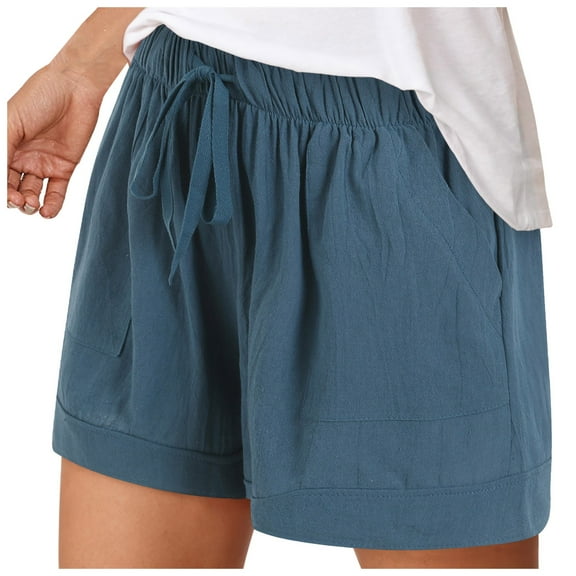 GEWSEY Womens Linen Shorts Wide Leg High Waisted Ruffle Draswtring Summer Beach Flowy Shorts with Pockets (Blue, XXL)