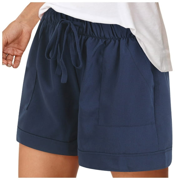 GEWSEY Womens Linen Shorts Wide Leg High Waisted Ruffle Draswtring Summer Beach Flowy Shorts with Pockets (Navy, XXL)