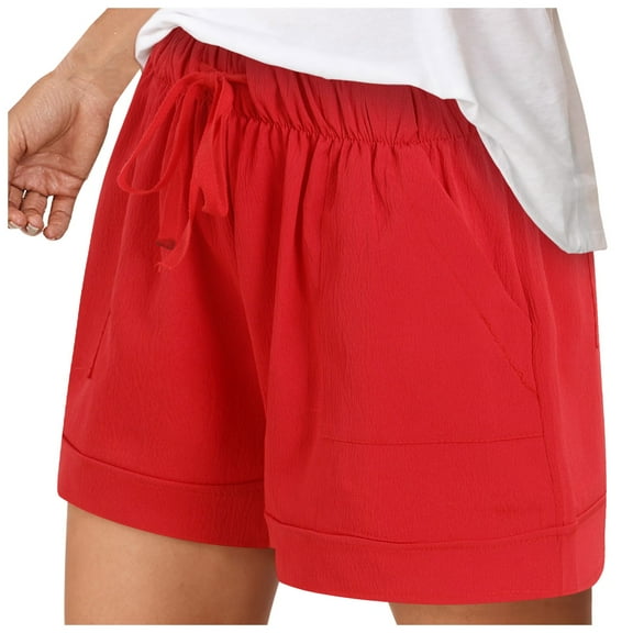 GEWSEY Womens Linen Shorts Wide Leg High Waisted Ruffle Draswtring Summer Beach Flowy Shorts with Pockets (Red, S)