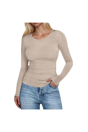 Womens Long Sleeve Shirts Fall Tops Crew Neck Base Layer Ribbed Slim Fitted Pullover (Beige, L)