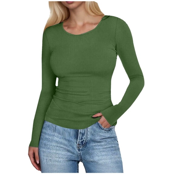 GEWSEY Womens Long Sleeve Shirts Fall Tops Crew Neck Base Layer Ribbed Slim Fitted Pullover (Green, XXL)