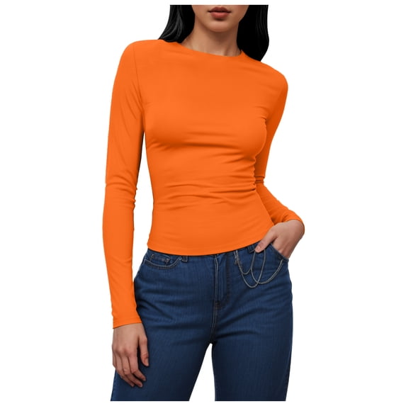 GEWSEY Womens Long Sleeve Shirts Fitted Tops Stretchy Base Layer Basic Tight Thermal Undershirt (Orange, L)