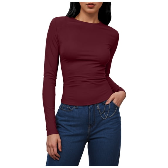 GEWSEY Womens Long Sleeve Shirts Fitted Tops Stretchy Base Layer Basic Tight Thermal Undershirt (Wine, M)