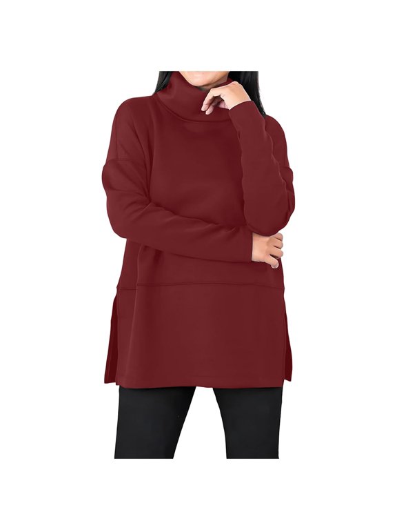 Womens Long Sleeve Tops Turtleneck Sweatshirt Fall Fashion 2025 Air Essentials Tunic Tops (Red, 4XL)
