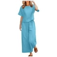 thumbnail image 1 of GEWSEY Womens Lounge Sets 2 Piece Outfits Short Sleeve V Neck Summer Top Elastic Waist Wide Leg Pants Tracksuit Outfits (Blue, L), 1 of 5