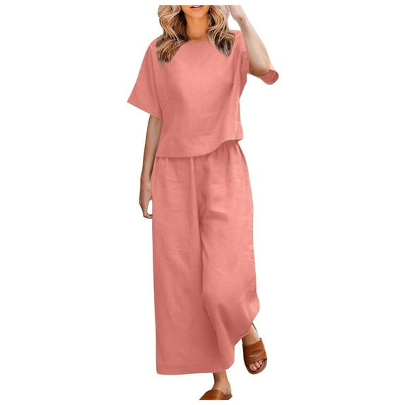 GEWSEY Womens Lounge Sets 2 Piece Outfits Short Sleeve V Neck Summer Top Elastic Waist Wide Leg Pants Tracksuit Outfits (Pink, XL)
