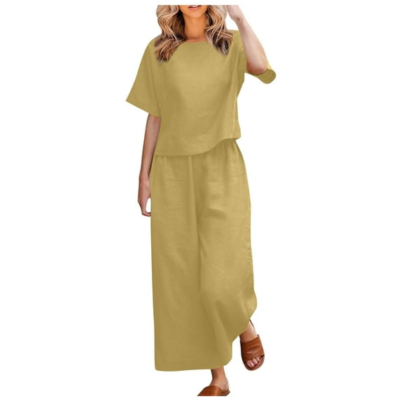 GEWSEY Womens Lounge Sets 2 Piece Outfits Short Sleeve V Neck Summer Top Elastic Waist Wide Leg Pants Tracksuit Outfits (Yellow, S)
