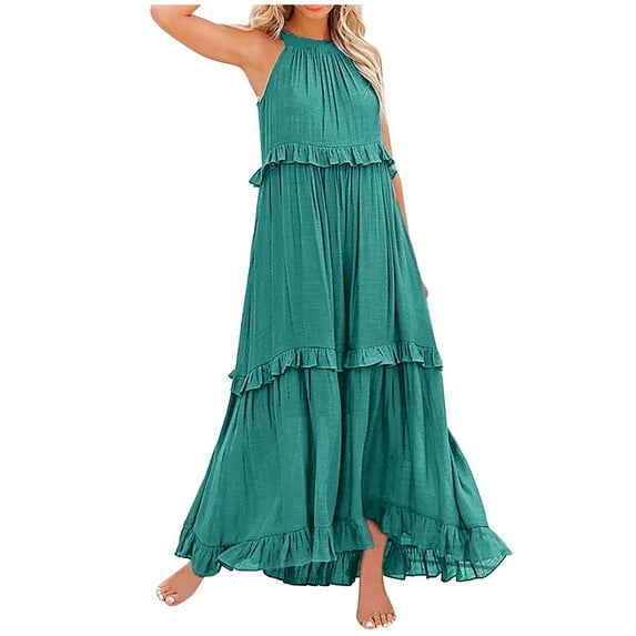 GEWSEY Womens Maxi Dress 2025 Summer Sleeveless Casual Slim Flowy Pleated Long Dresses with Pockets (Dark Green, S)