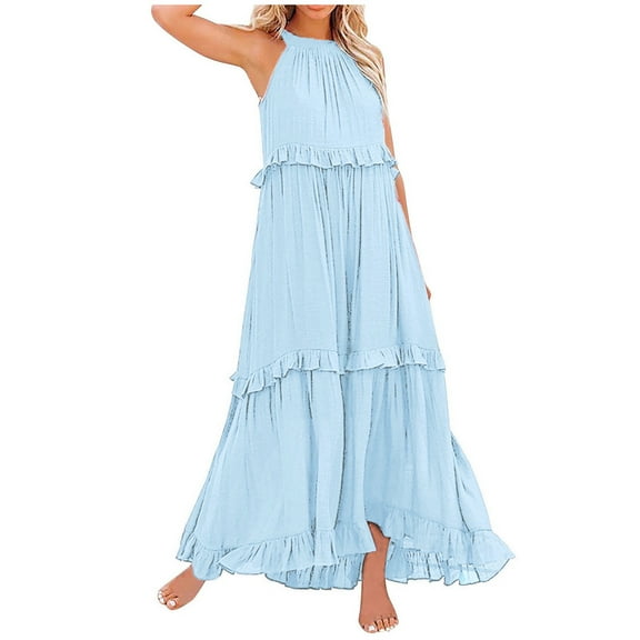 GEWSEY Womens Maxi Dress 2025 Summer Sleeveless Casual Slim Flowy Pleated Long Dresses with Pockets (Sky Blue, S)
