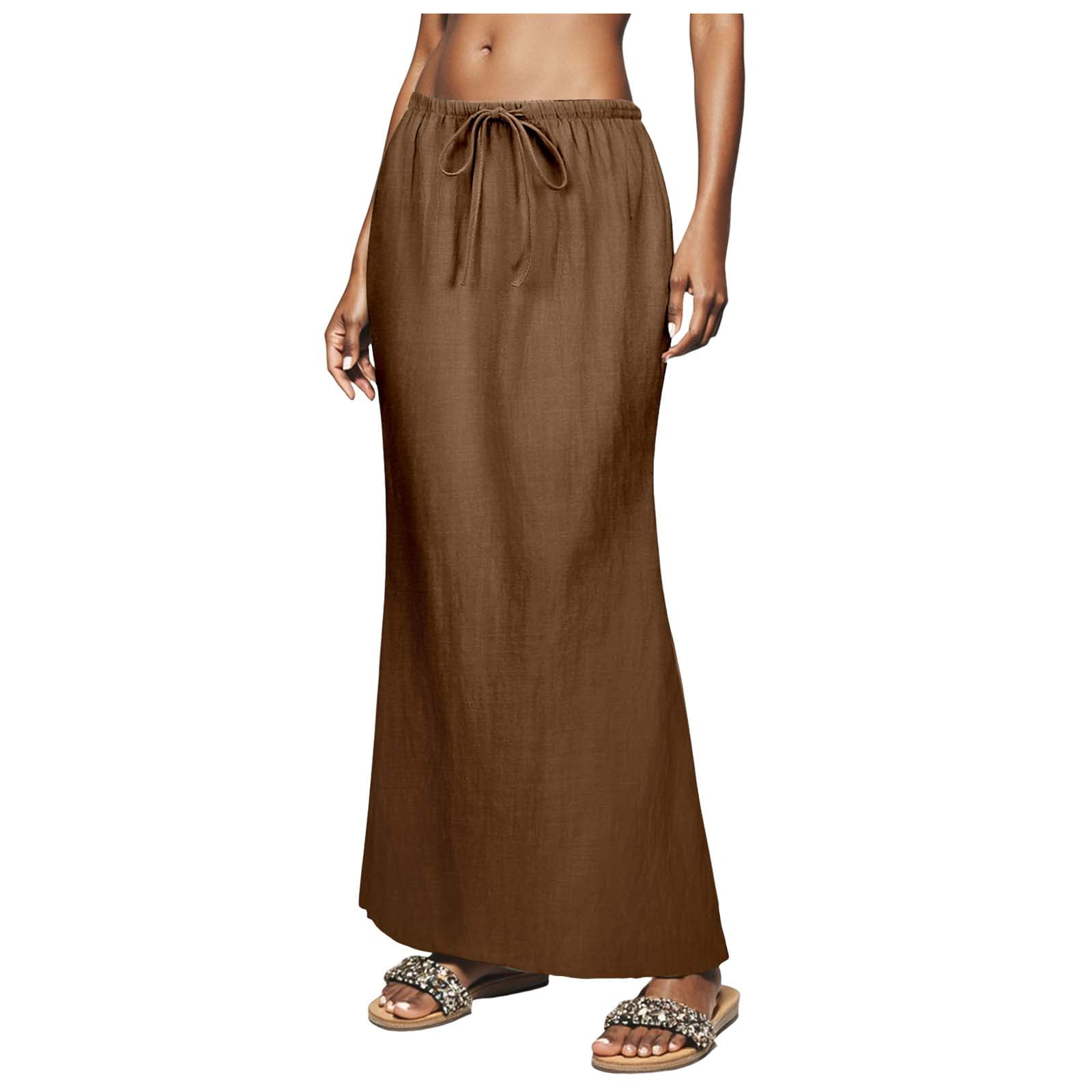 New Solid Coffee High Waist Cotton Skirt For Spring Women Elegant Flared Maxi Length