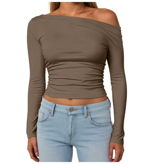 GEWSEY Womens Off The Shoulder Tops Long Sleeve Going Out Basic Shirts Cute Y2K Fall Trendy Fashion 2025 (Brown, S)