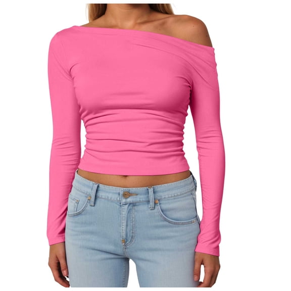 GEWSEY Womens Off The Shoulder Tops Long Sleeve Going Out Basic Shirts Cute Y2K Fall Trendy Fashion 2025 (Hot Pink, M)