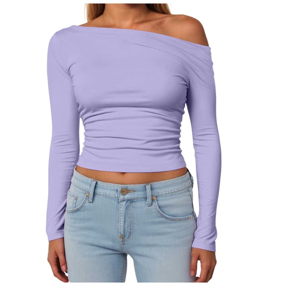GEWSEY Womens Off The Shoulder Tops Long Sleeve Going Out Basic Shirts Cute Y2K Fall Trendy Fashion 2025 (Light Purple, S)