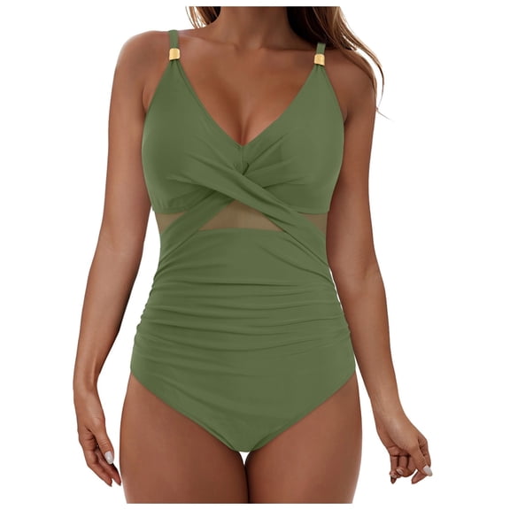 GEWSEY Womens One Piece Sexy Mesh Swimsuit Modest Tummy Control Bathing Suit Twist Front Swim Dress Swimwear 2025 (Army Green, L)