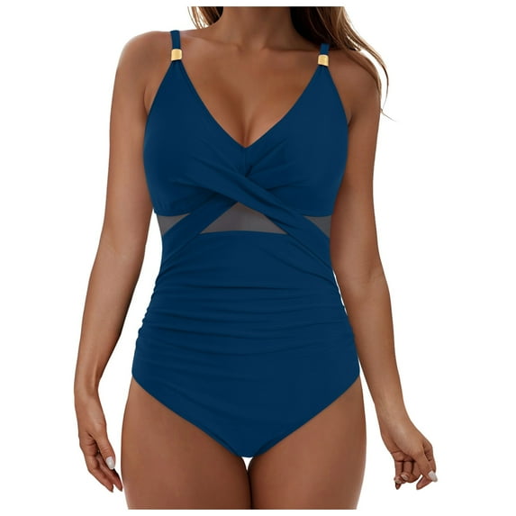 GEWSEY Womens One Piece Sexy Mesh Swimsuit Modest Tummy Control Bathing Suit Twist Front Swim Dress Swimwear 2025 (Blue, S)