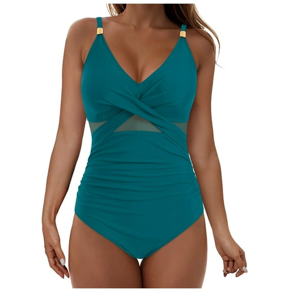 GEWSEY Womens One Piece Sexy Mesh Swimsuit Modest Tummy Control Bathing Suit Twist Front Swim Dress Swimwear 2025 (Dark Green, L)