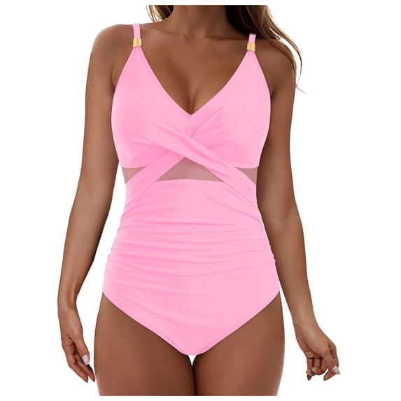 GEWSEY Womens One Piece Sexy Mesh Swimsuit Modest Tummy Control Bathing Suit Twist Front Swim Dress Swimwear 2025 (Pink, XL)