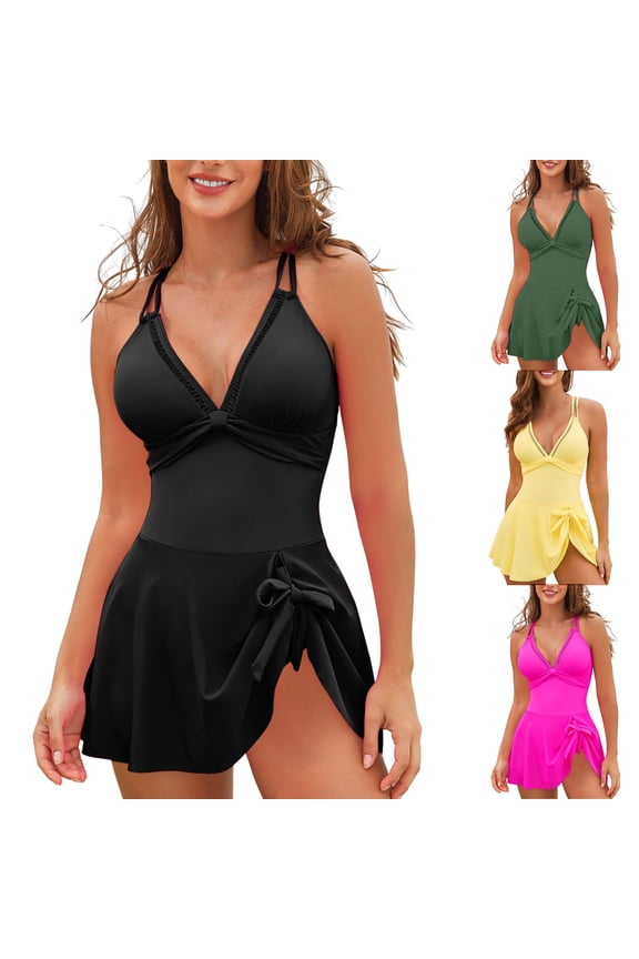 Womens One Piece Swimsuit Tummy Control Swimming Suits Flattering Bathing Suit Cute Sexy Deep V-Neck Swim Dress (Black, XL)