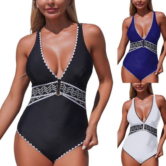 GEWSEY Womens One Piece Swimsuits Tummy Control Bathing Suit Modest Swim Suits Neon Color Block Swimwear (Blue, M)