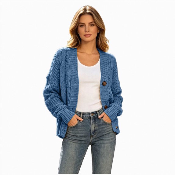 GEWSEY Womens Open Front Cardigan Sweaters Casual Cable Knit Long Sleeve Button Down Chunky Loose Fall Sweater (Blue, L)