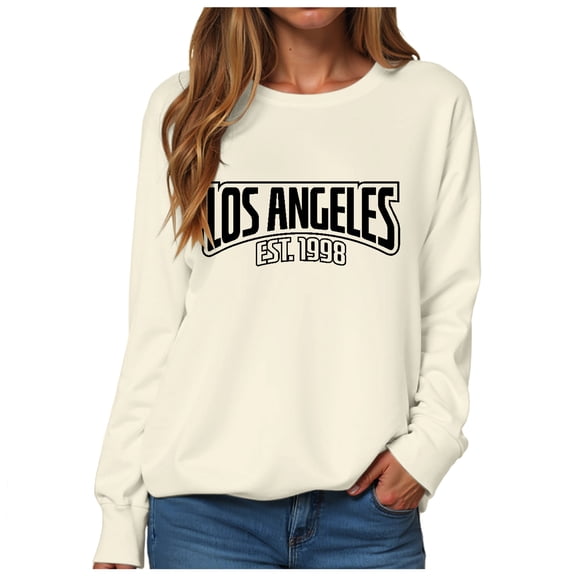 GEWSEY Womens Oversized Long Sleeve T Shirts Los Angeles California Graphic Tees Loose Fit Casual Crew Neck Tunic Tops (Beige, L)